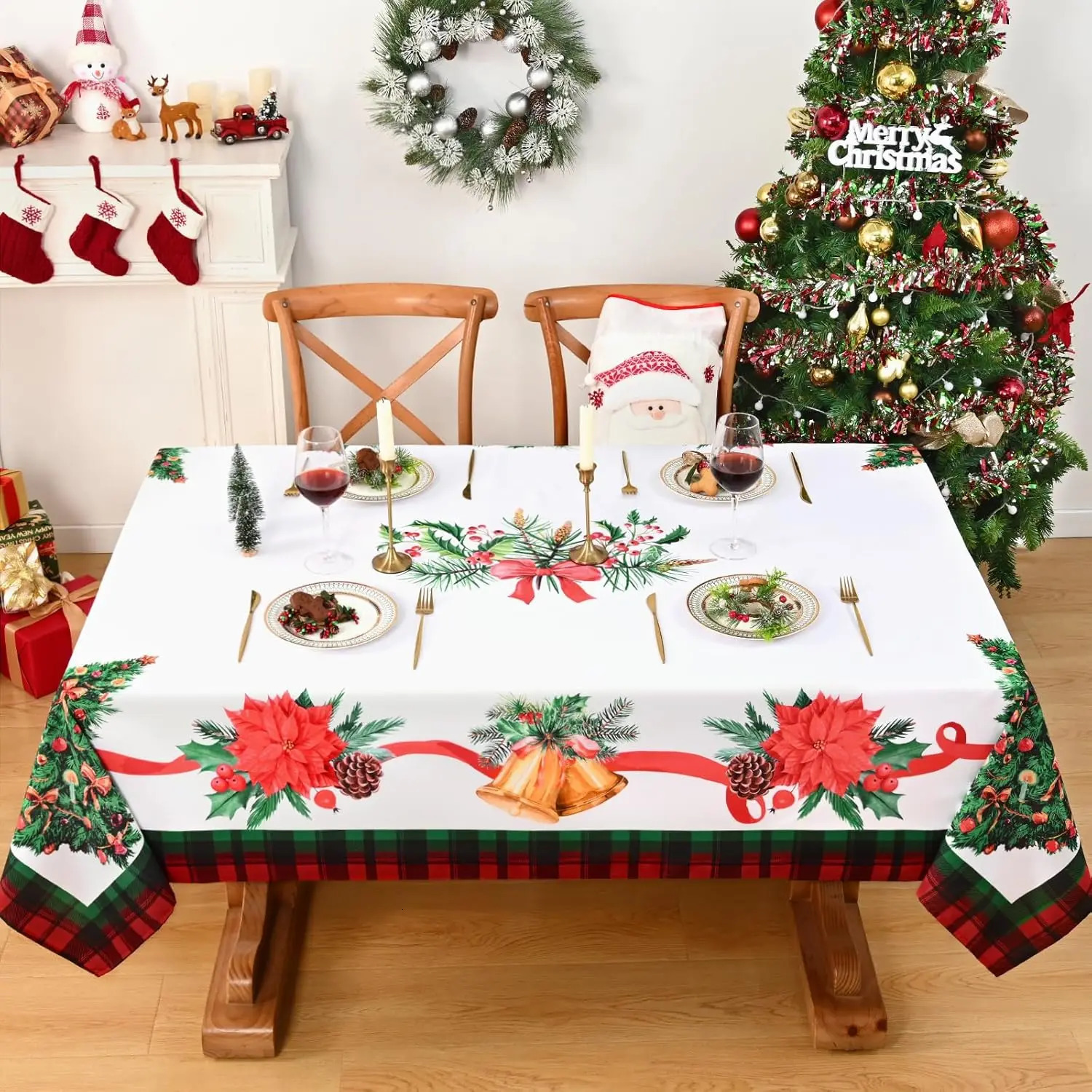 Santa Claus snowman red tablecloth party decoration winter Christmas pine needle table cover dining table decoration navigation decoration 241015