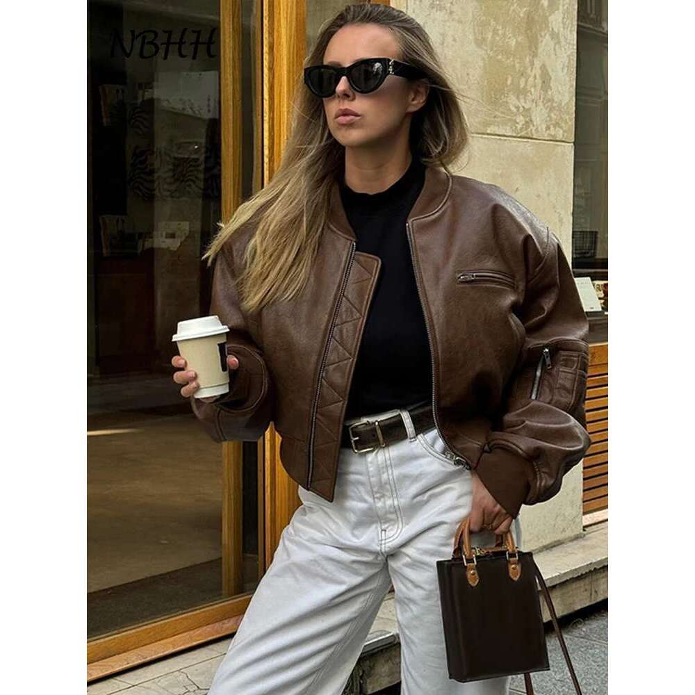 Vintage Imitation Leather Bomber Jacket Women O-Neck Zipper Pockets Loose Short Coat 2024 Autumn Lady High Street Outwear