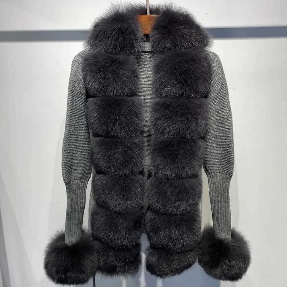 Hot Sales Lady Knitwear Autumn Winter Sweater Women Real Fox Fur Coat Knitted Cardigans with Natural Fur Fashion StreetwearX241016