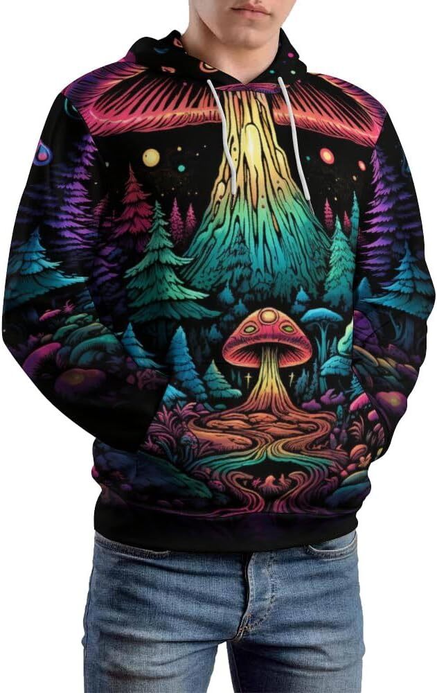Hoodie for Mens Womens Unisex Dream Starry Sky Hoodies Blue Star Cartoon Mushroom Pattern Long Sleeve Sweatshirt Hoodie Graphic
