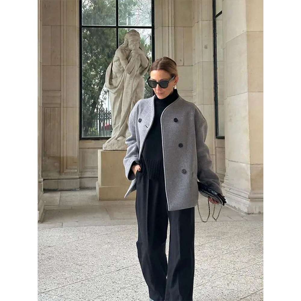 Women's Loose Casual Woolen Coats Retro Double Breasted Stand Collar Short Jacket Office Lady Outerwear Autumn Winter 2024
