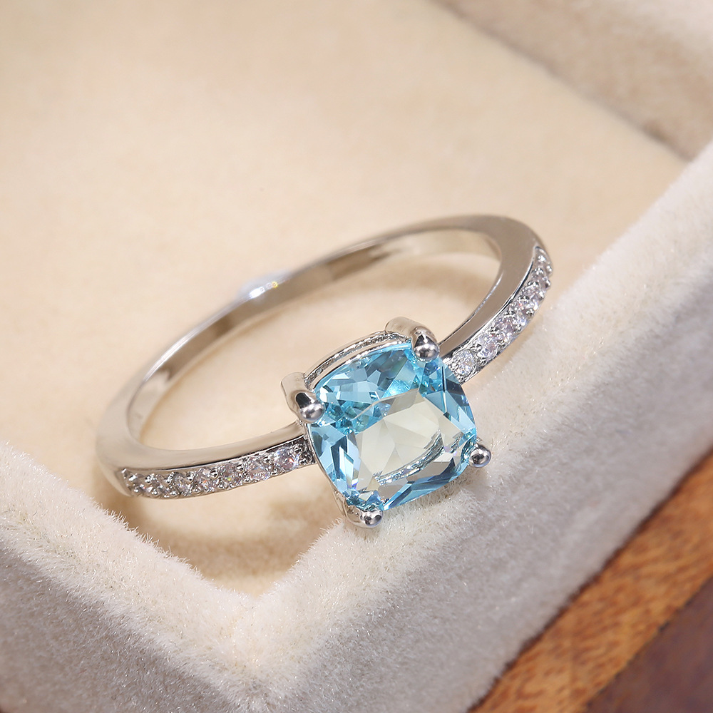 Solitaire ring for women zircon royal blue square diamond ring fashionable simple engagement ring platinum designer crystal wedding ring