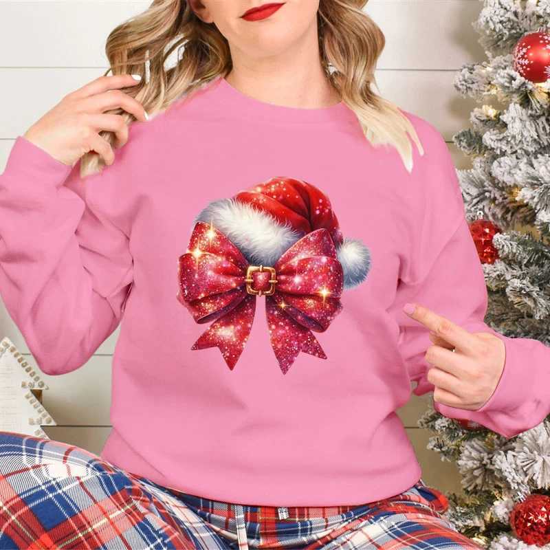 Fashionable womens Christmas sweater fashionable Christmas bow design cartoon sweater Christmas hat Christmas season classic hoodie Y241016