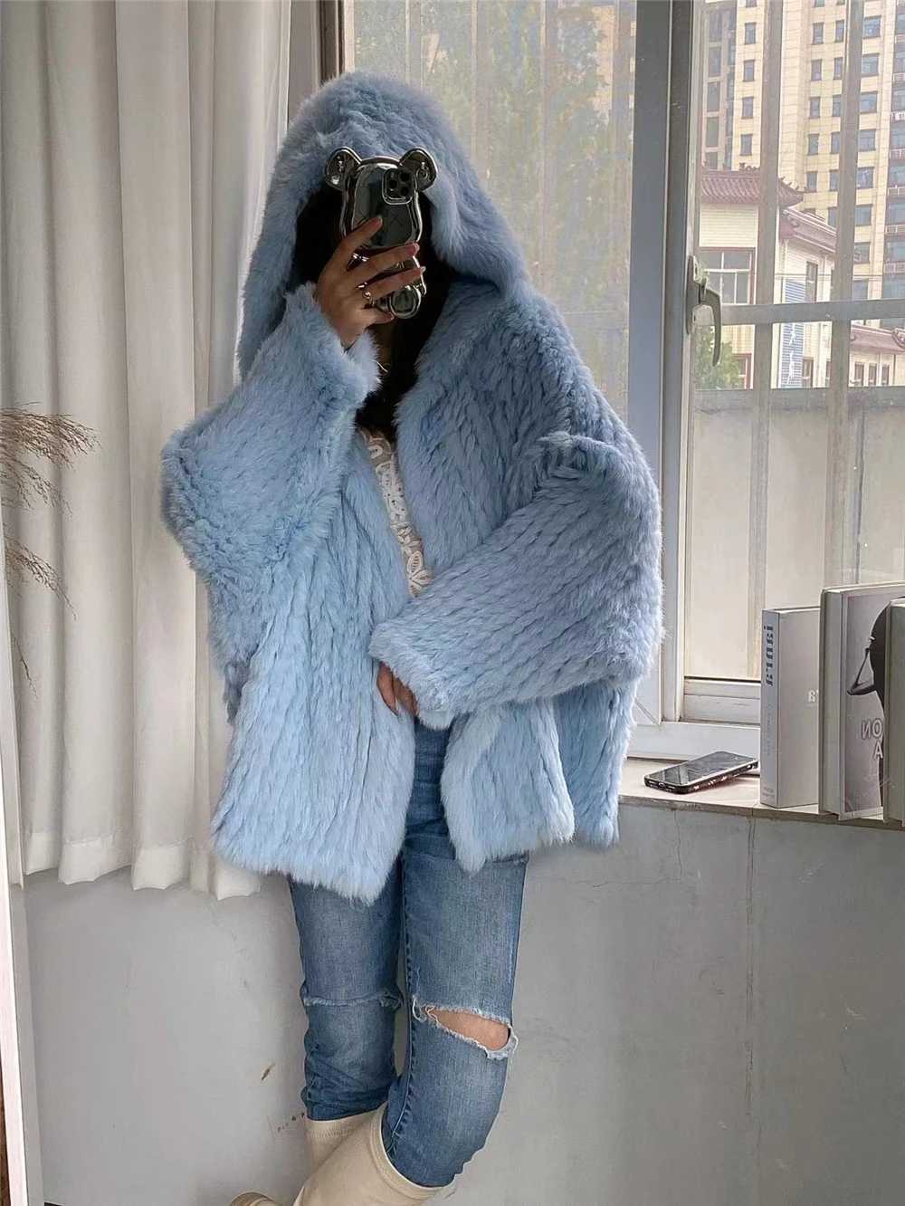 Real rabbit fur coat womens long knitted jacket real fur fashion coat 70cm long autumn and winter W241010
