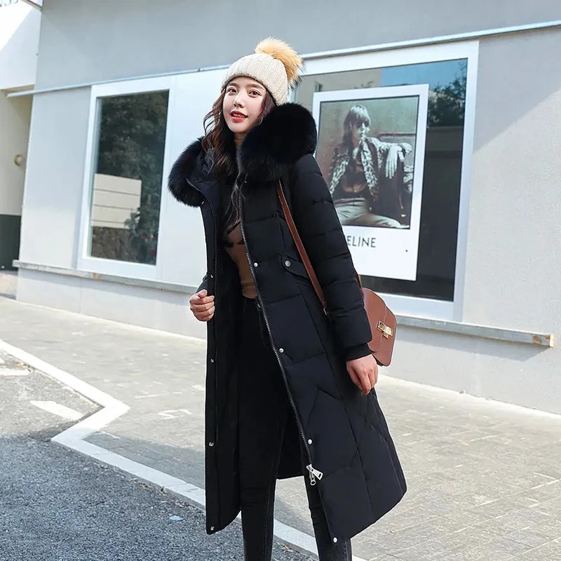 Down Cotton Parka Hooded Winter Jacket Long Women Parkas Fur Collar Thick Warm Snow Wear Coat Windproof Clothes 241011