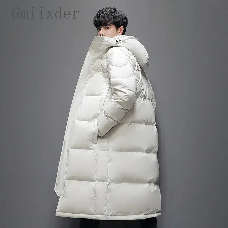 Gmiixder Unisex Warm Down Jacket Mens Thick Hooded Solid Zipper Parkas Womens Over-the-Knee Extra Long Winter Padded Jacket 241015