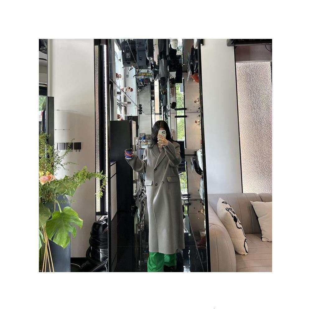 2022 Winter Double Breasted Long Handmade 100% Wool Coat Women Korean Style High End Suit Collar Loose Woolen Jacket Overcoat