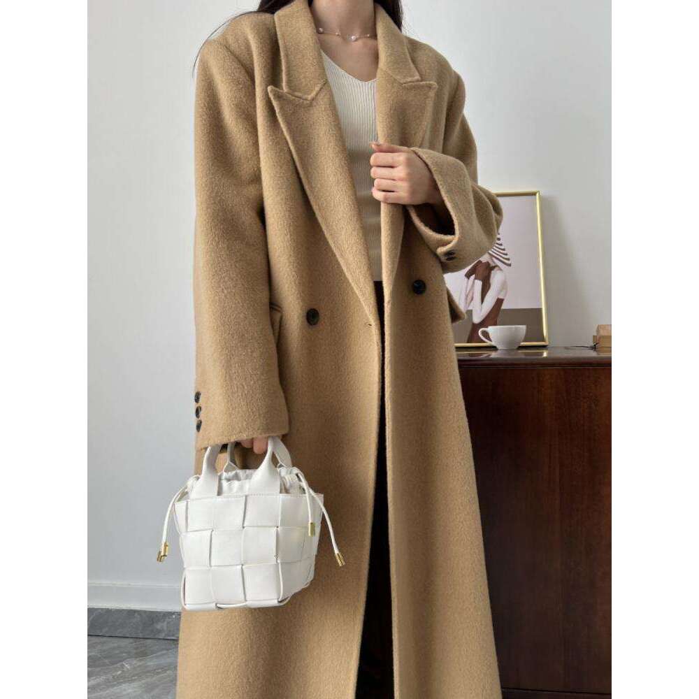 Office Lady Woolen Jackets 2024 Autumn And Winter Suit Collar Double Breasted Loose Long Women's 100% Wool Coats