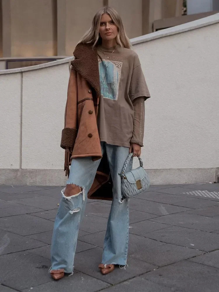 Vintage Brown Tassel Spliced Suede Lamb Wool Coats Elegant Lapel Long Sleeve Single Breasted Overcoat Autumn Winter Lady Outwear 241015