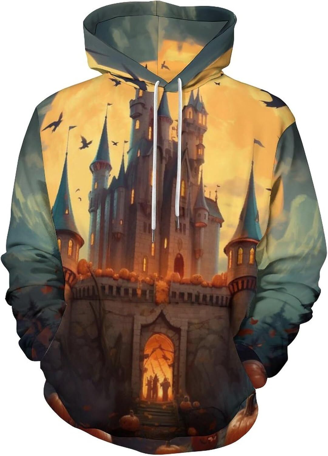 Hoodie for Mens Womens Unisex Novelty Pumpkin Face Hoodie Darkness Castle Cartoon Pattern Halloween Pullover Long Sleeve Hoodie Graphic Hoodies sweats