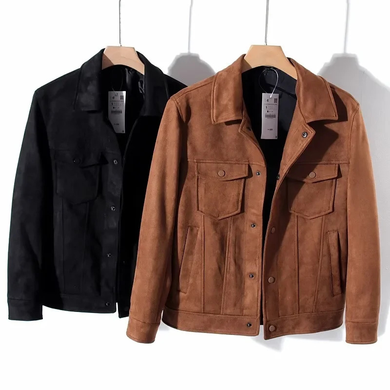 Mens Suede Jacket Vintage Lapel Multi Pocket Cargo Coat High Quality Spring Autumn Casual Jackets Top Male 241015