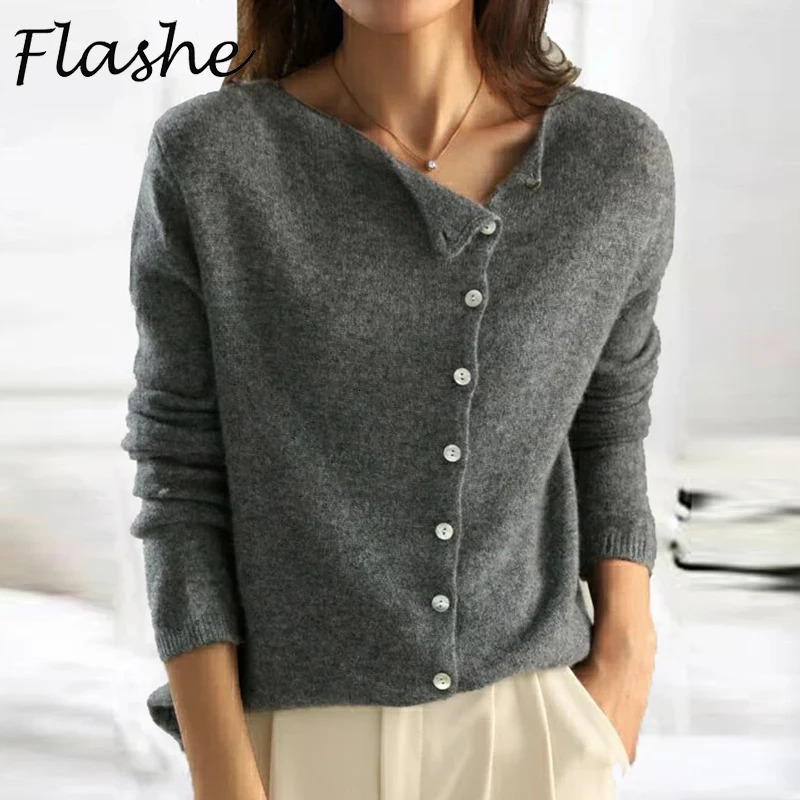 Autumn Knitted Sweater Womens Button Long Sleeve Warm Sweater Womens Knitted Casual Office Top 241015