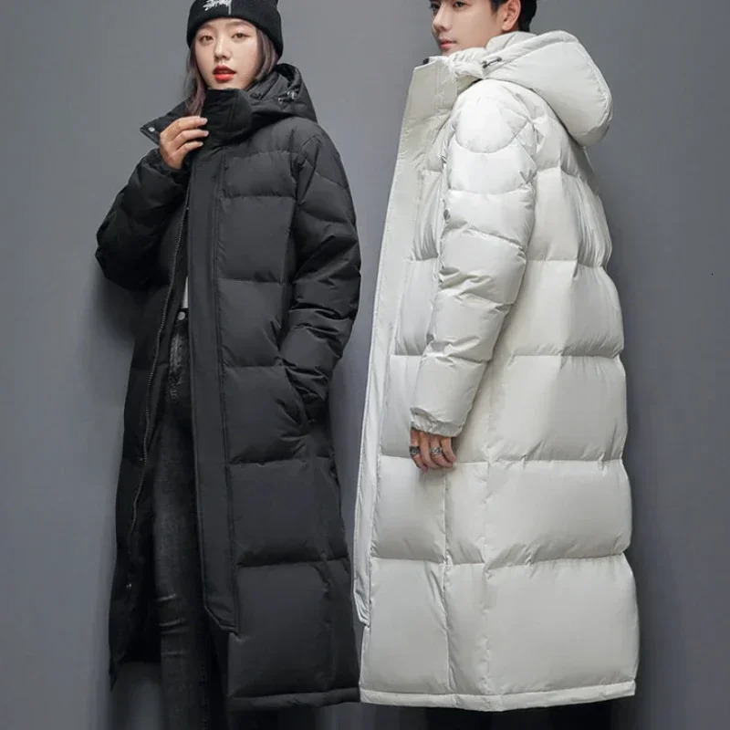 Gmiixder Unisex Warm Down Jacket Mens Thick Hooded Solid Zipper Parkas Womens Over-the-Knee Extra Long Winter Padded Jacket 241015
