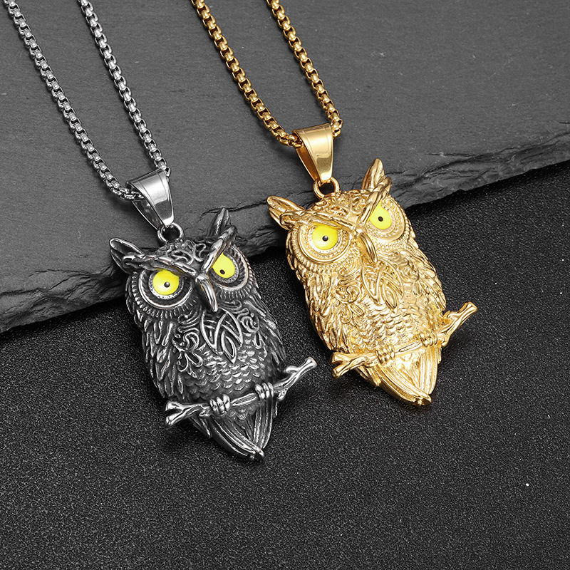 Hip Hop Owl Pendant Necklace Stainless Steel 18K Gold Plated Men Boy Jewelry