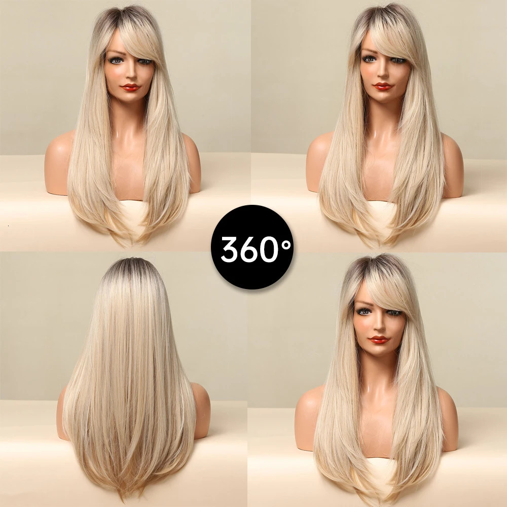 GEMMA Ombre brown long straight synthetic wig with bangs female role-playing wig high-temperature natural hair 241010