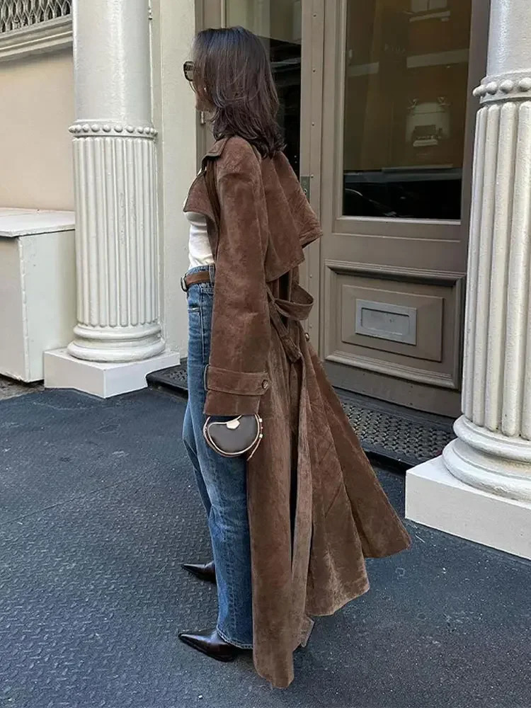 2024 Autumn Winter Elegant Suede Leather Belt Long Trench Brown Coat Fashion Warm Double Button Jacket High Quality Streetwear 241016