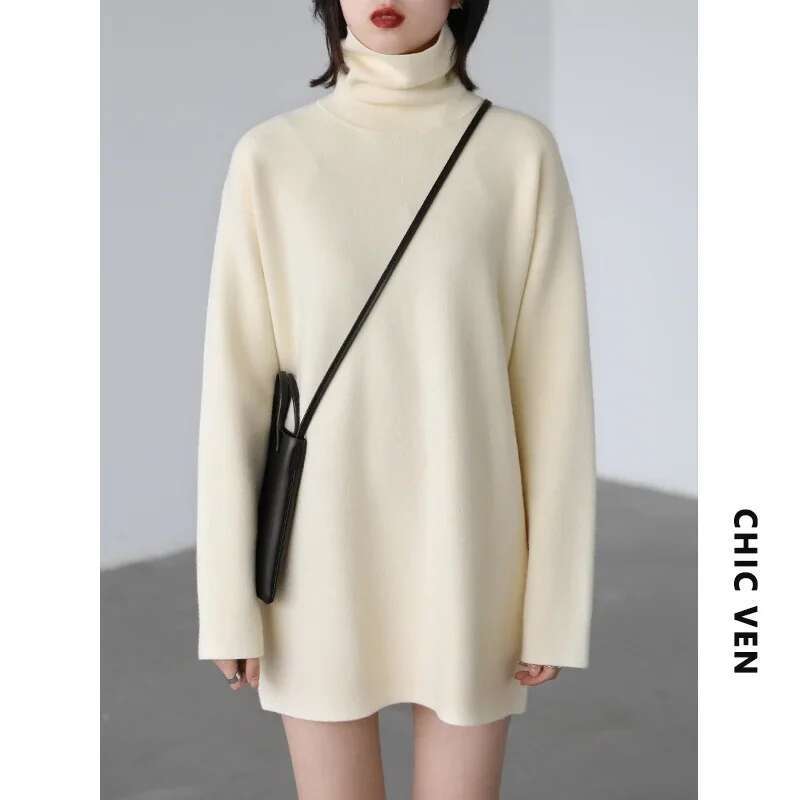 CHIC VEN Soft Waxy High Neck Bottomed Women Knitted Sweater Basic Solid Color Women's Pullover Winter Turtleneck Office Lady Top