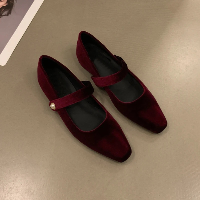Elegant Pearl New Buckle Velour Mary Jane Shoes Woman Concise Veet Ballet Flats Ladies Evening Party Low Heel Pumps In Wine-Red 240927
