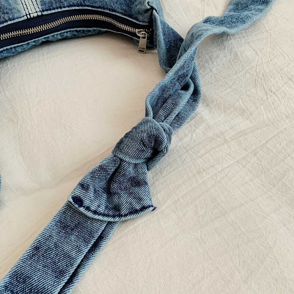 Denim Pleated Shoulder Bag Ladies Large Capacity Crescent Knotted Strap Handbag Zipper Hobo for Commuting Travel 241016