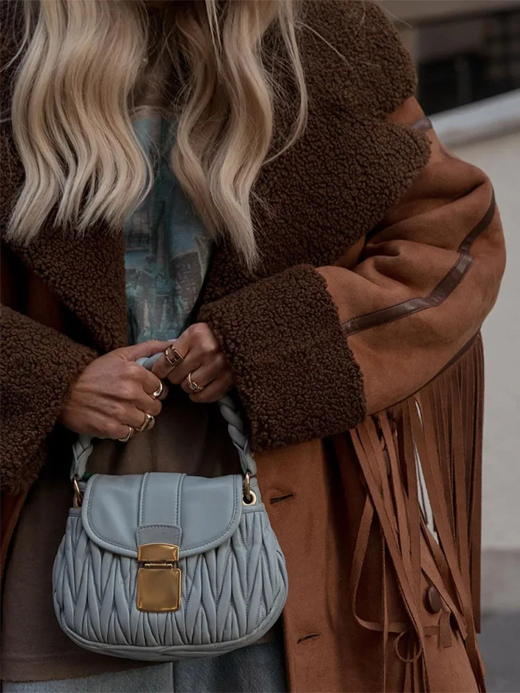 Vintage Brown Tassel Spliced Suede Lamb Wool Coats Elegant Lapel Long Sleeve Single Breasted Overcoat Autumn Winter Lady Outwear 241015