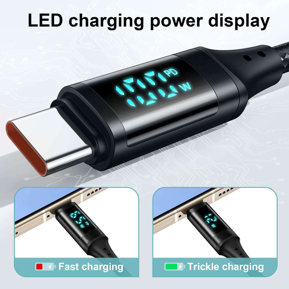 USB Digital Display Fast Charging 100W PD to Type C Cable For Xiaomi HUAWEI book iPad Samsung
