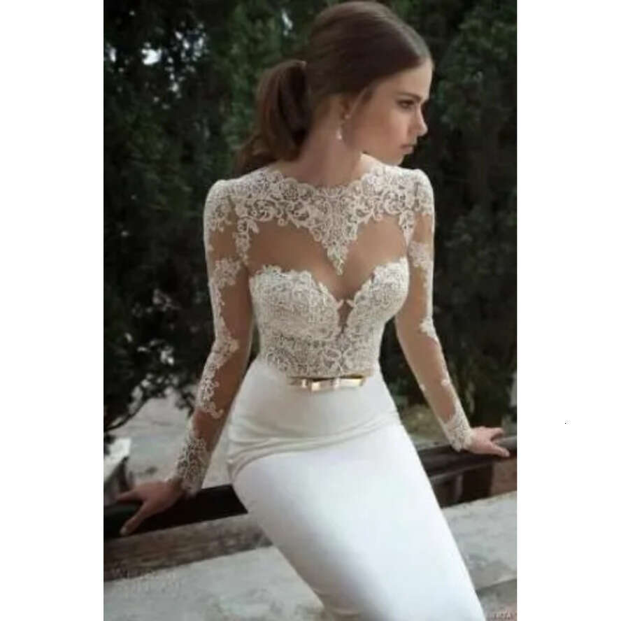 Vestido Noiva Berta De Mermaid Wedding Dresses Cheap Spring Summer High Neck Long Sleeve Sheer Lace Backless Bridal Gowns