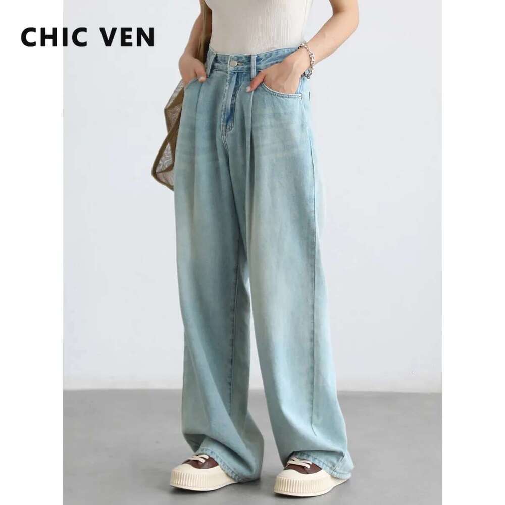 CHIC VEN Women's Blue High Waisted Denim Pants Streetwear Wide Leg Jeans For Woman Female Trousers Spring Summer 2023
