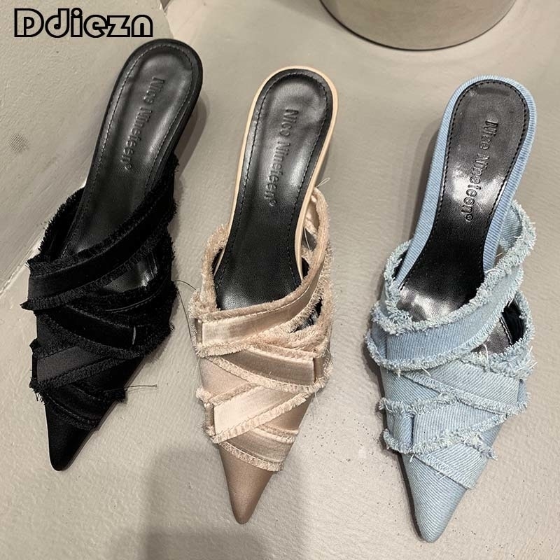 2024 Women Mules Elegant Sandals Pumps Summer Female Shoes Low Heels In Fashion Ladies Sandal Pointed Toe Slides Footwear 240921