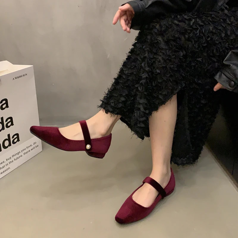Elegant Pearl New Buckle Velour Mary Jane Shoes Woman Concise Veet Ballet Flats Ladies Evening Party Low Heel Pumps In Wine-Red 240927