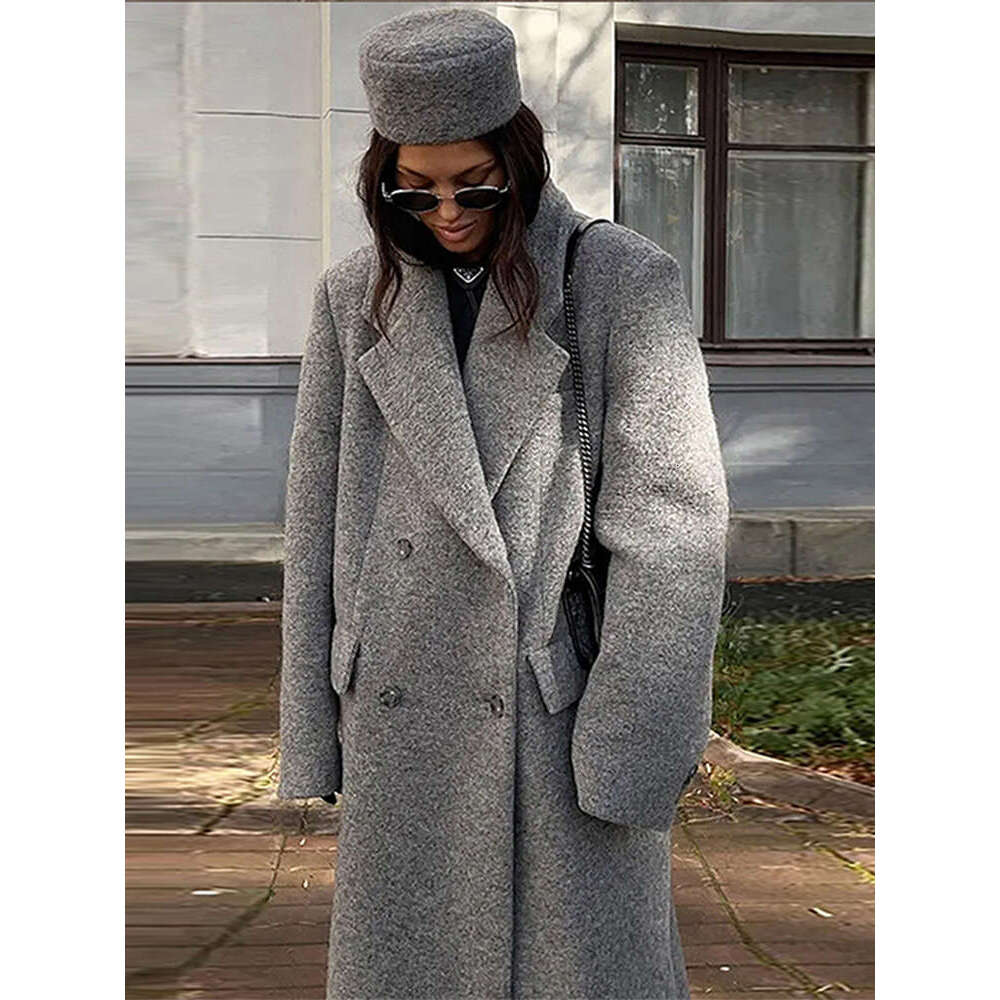 Loose Grey Long Woolen Coat Women Lapel Double Breasted Full Sleeve Overcoats 2024 Autumn Winter Elegant Fashion Lady Outerwears