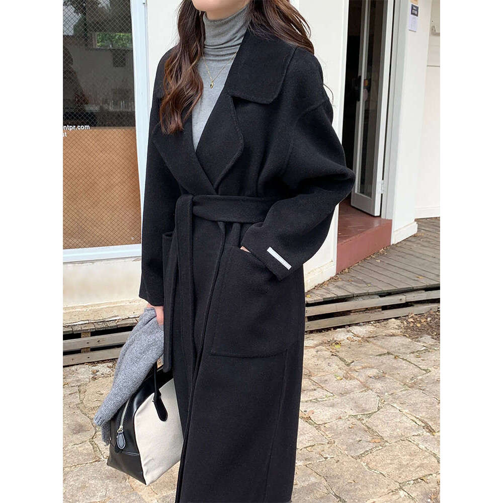 Office Lady Double-Sided Handmade Cashmere Jackets 2023 Autumn/Winter Suit Collar Buckle Loose Long High-End Women Wool Coats