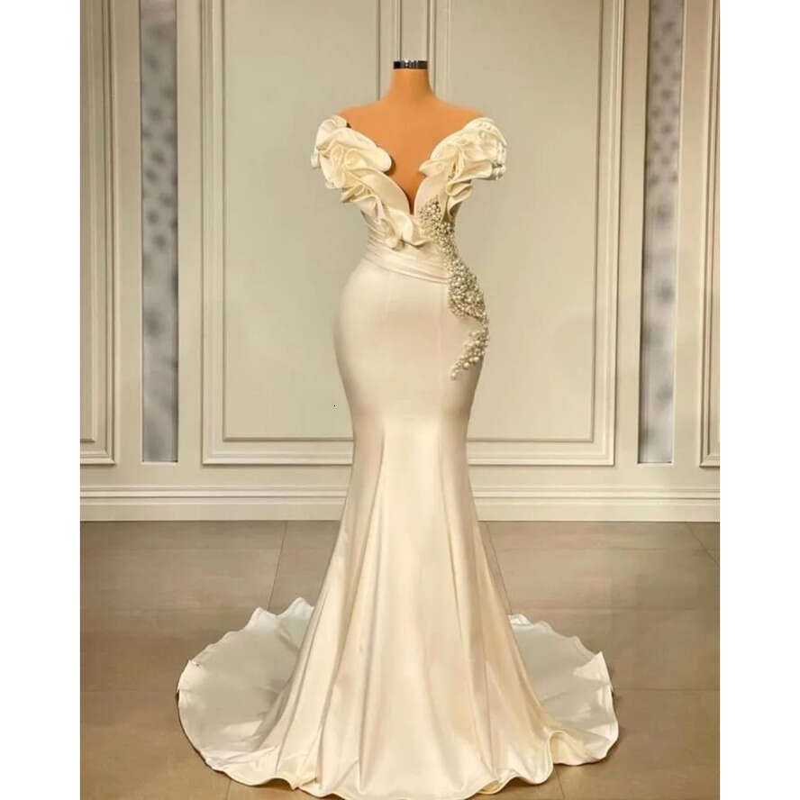 Evening Satin Mermaid Elegant Dresses Off The Shoulder Ruffles Or Length Wers Beaded Pearls Long Party Ocn Prom Gowns Formal Wears Bc10991