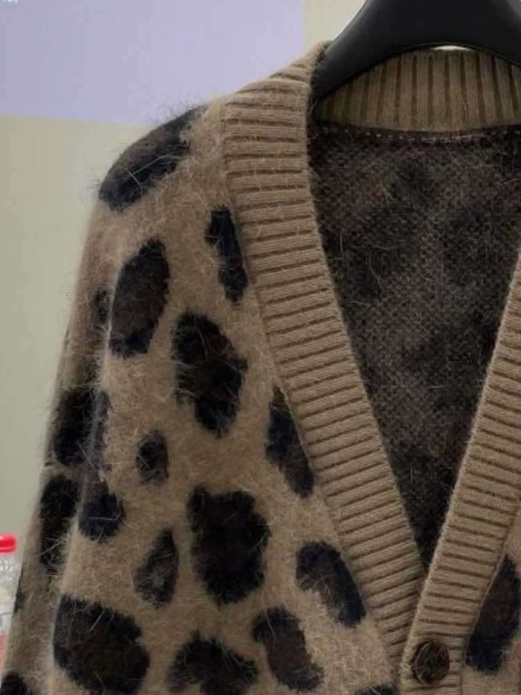 Womens oversized cardigan wool sweater autumn clothing retro suede leather strapless fashion casual leopard print knitted sweater jacket handle for wo