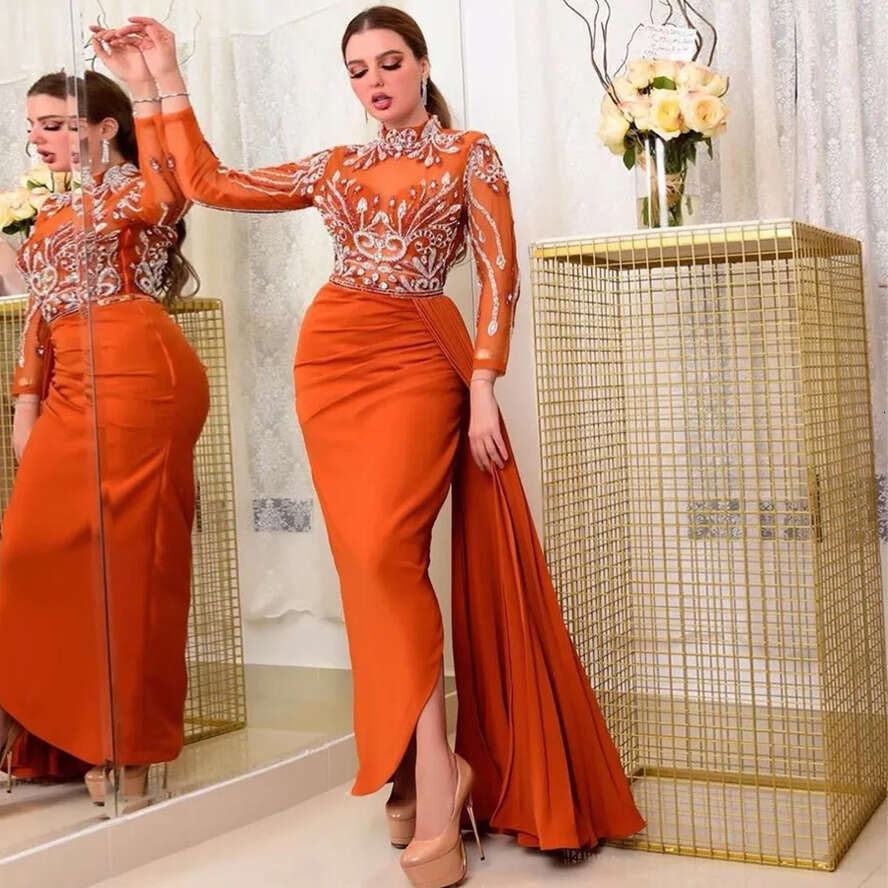 Backless Fashion Beaded Dubai Evening Dresses High Neck Long Sleeves Arabic Prom Gowns Plus Size Ankle Length Sequined Formal Dress 0628