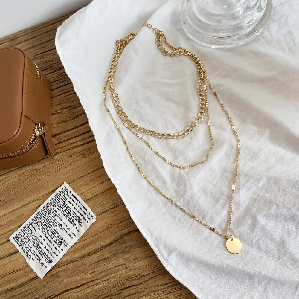 Vintage Silver Color Metal Long Chain Pendant Necklaces Set for Women Sequin Layered Stacked Necklace Jewelry Gift Y2k Accessory 241010