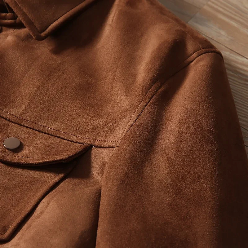 Mens Suede Jacket Vintage Lapel Multi Pocket Cargo Coat High Quality Spring Autumn Casual Jackets Top Male 241015