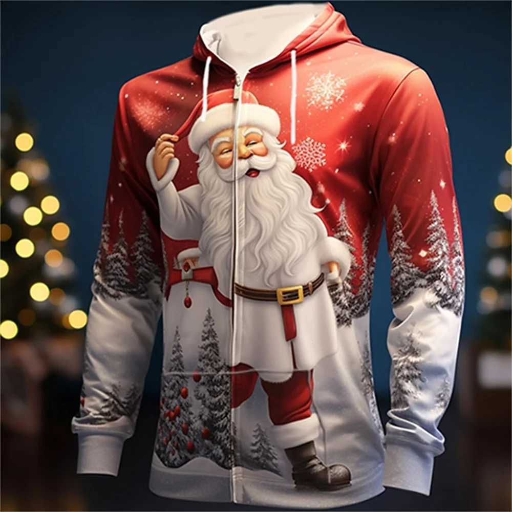 3D Christmas Day Mens Zipper Hoodie Fashion Santa Claus Mens Oversized Top Long Sleeve Sweatshirt Y241016