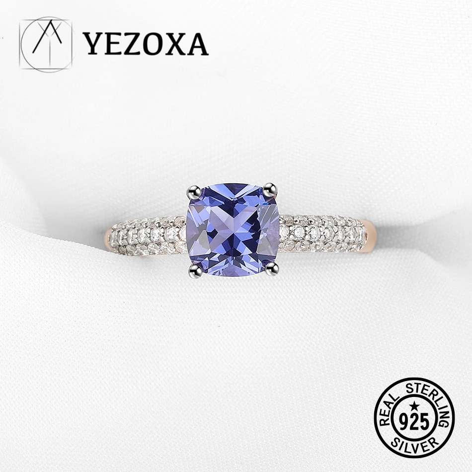 YEZOXA Soft Cushion Cutting Create Tansan 925 Pure Silver 14K Rose Gold Plated Card Ring Female Size 241007