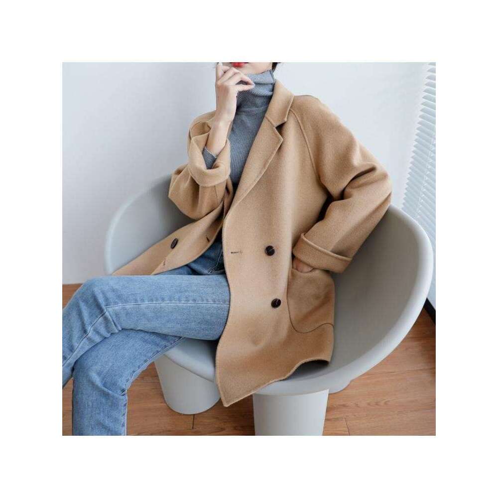 2022 Autumn Korean Style Double Breasted Simple Black 100% Wool Coat Women Long Loose Suit Woolen Overcoat Jacket
