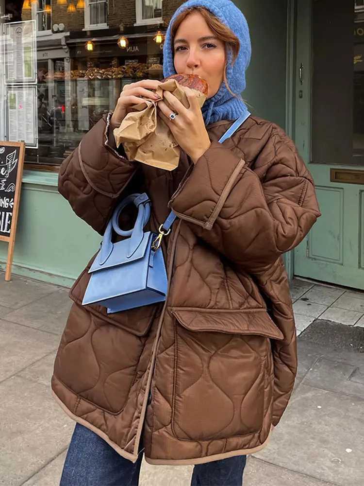 Elegant brown round neck cotton jacket womens casual long sleeved button pocket warm jacket new winter womens business jacket M241011