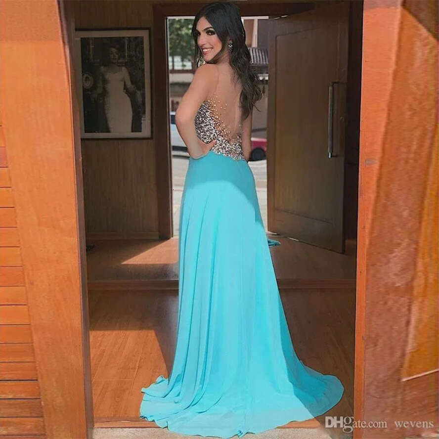 Sexy High Split Chiffon Prom Jewel Neck Beading Sequined Plus Size Party Gowns Sweep Train Abendkleider Evening Drs Robe De Marie