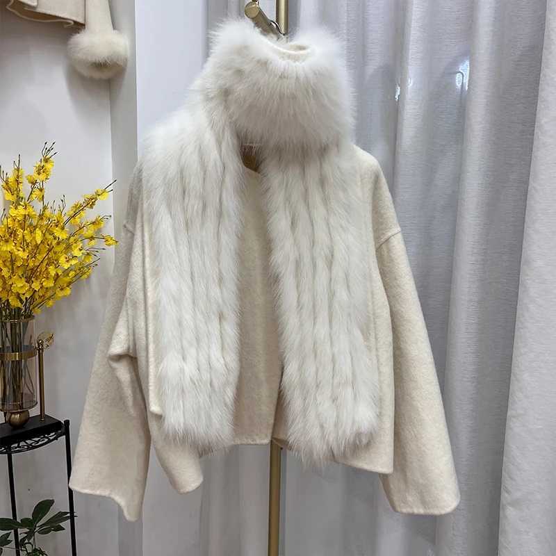 2024 New Winter Women Natural Fox Fur Collar Jacket Cashmere Wool Woolen Coat Real Fur Ladies Outerwear Female CoatX241016