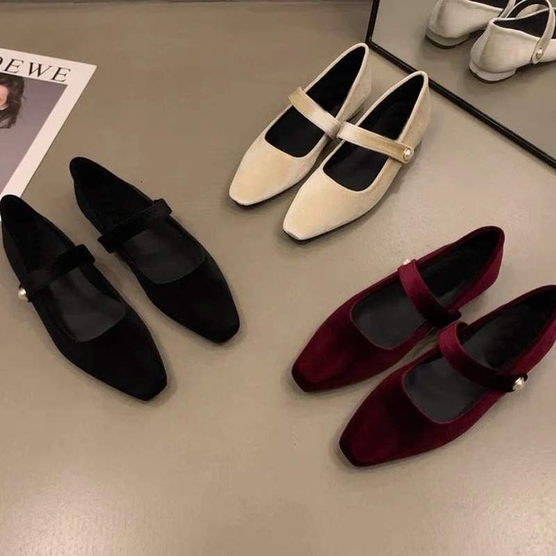Elegant Pearl New Buckle Velour Mary Jane Shoes Woman Concise Veet Ballet Flats Ladies Evening Party Low Heel Pumps In Wine-Red 240927