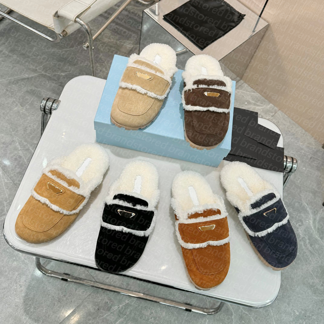 Suede Shearg Slippers Designer Fur Women Slides Cosy Slipper Wool Sabots Open Back Loafers Mental Decor Winter Warm Shoes 35-40