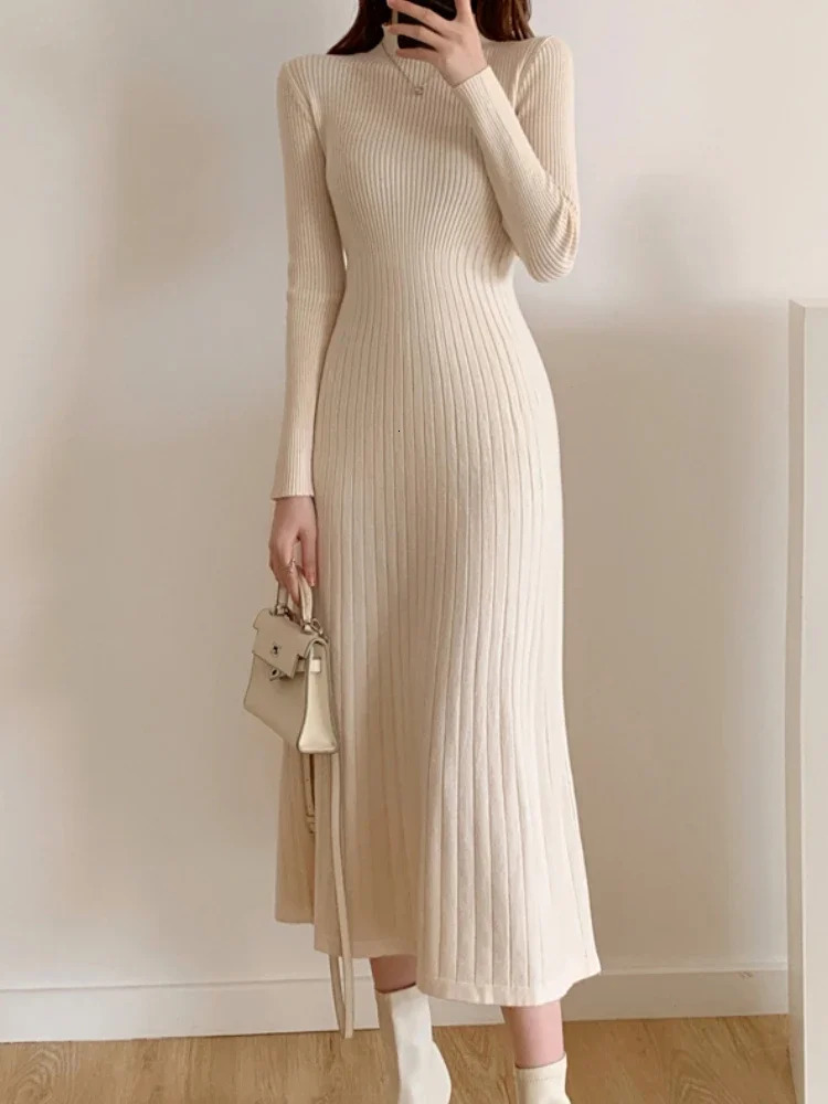 Autumn Winter 2024 Slim Long Sleeve Party Midi Dress for Women Knitted Half High Collar Elegant Knitted Sweater Dresses Ladies 241015