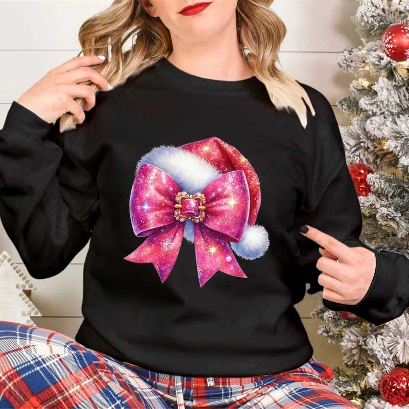 Fashionable womens Christmas sweater fashionable Christmas bow design cartoon sweater Christmas hat Christmas season classic hoodie Y241016