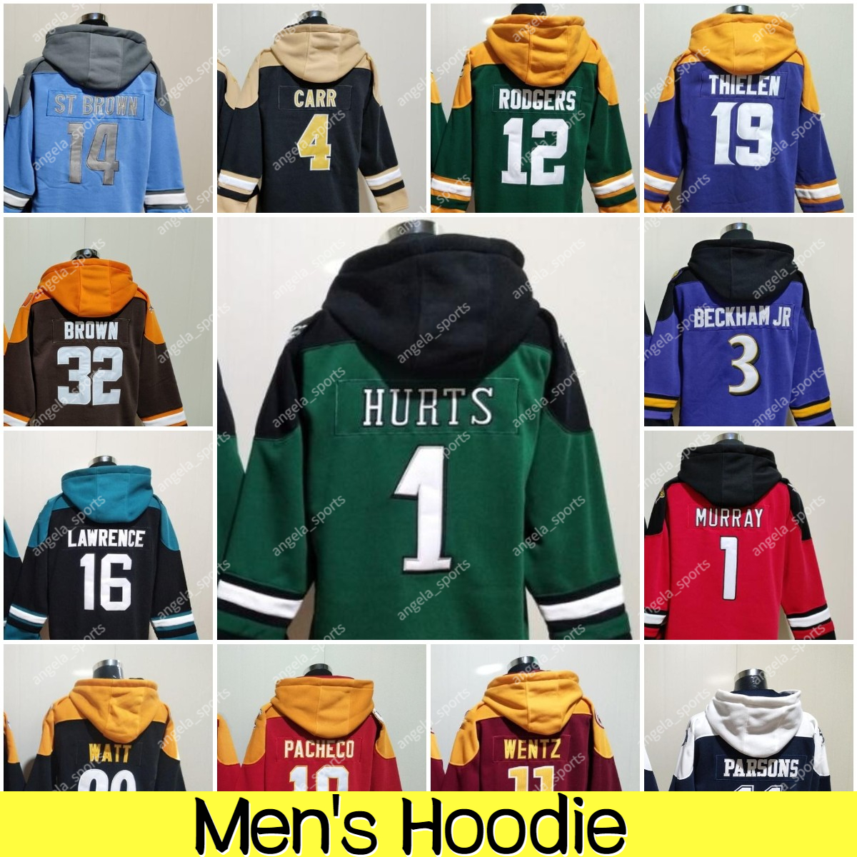 Men's Hoodie Jersey Brady Carr Jefferson Austin Ekeler Polamalu Nacu Bernie Kosar McCaffrey Hall Thielen Lawrence Stroud Rodgers St. Brown Chubb Fields Ray Lewis