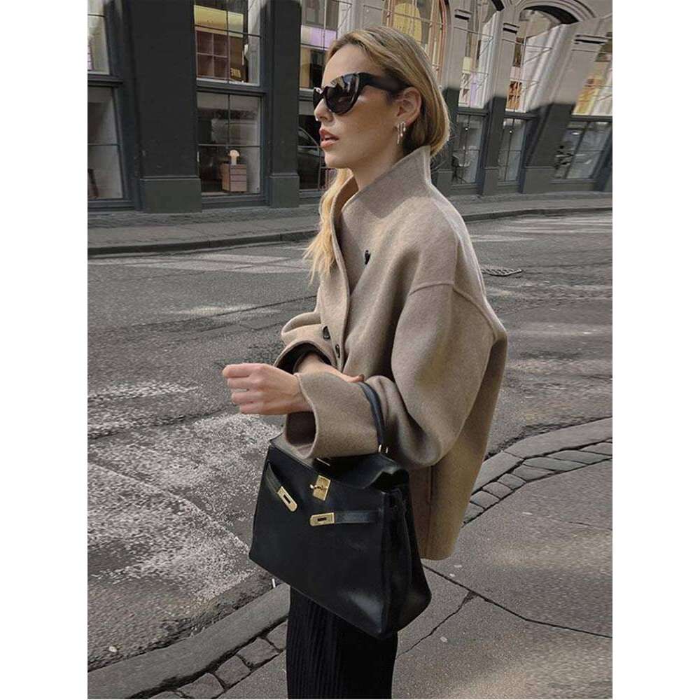 Women's Loose Casual Woolen Coats Retro Double Breasted Stand Collar Short Jacket Office Lady Outerwear Autumn Winter 2024