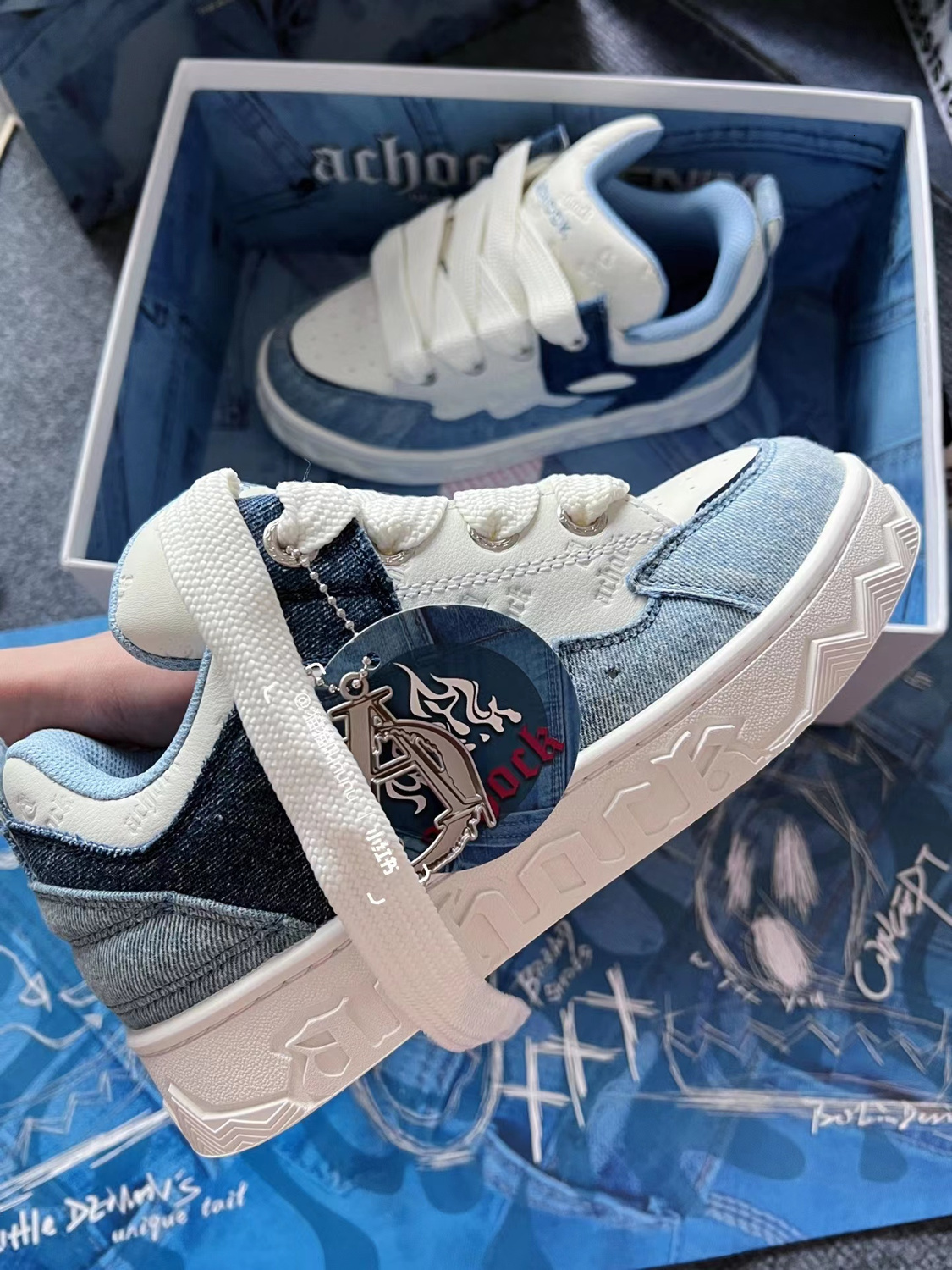 2024 Spring New Thick-soled All-match Casual Sneakers Female National Trend Niche Denim Blue Couple Bread Shoes Male