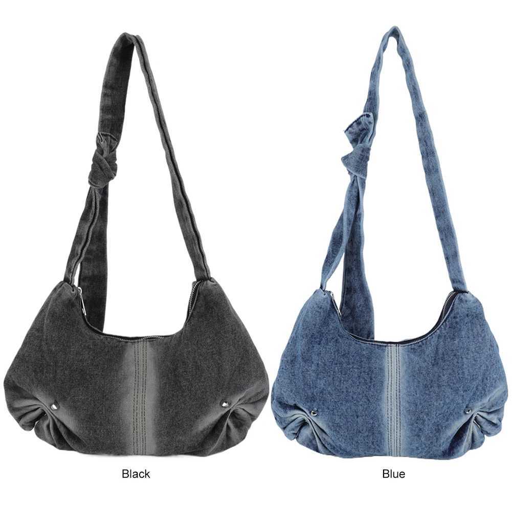 Denim Pleated Shoulder Bag Ladies Large Capacity Crescent Knotted Strap Handbag Zipper Hobo for Commuting Travel 241016